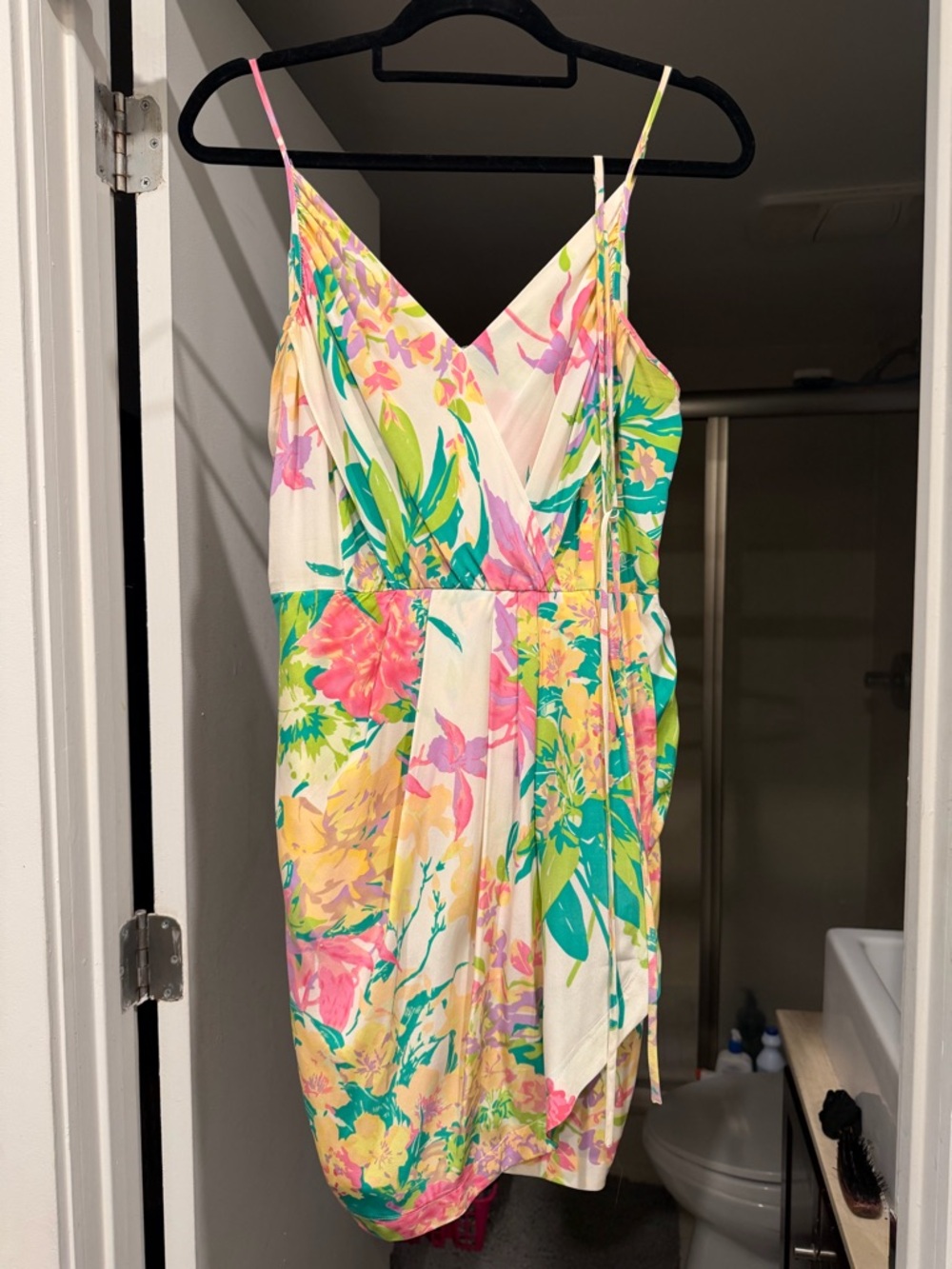 Yumi Kim Tropical Wrap Mini Dress in Cream, Pink, Yellow & Green